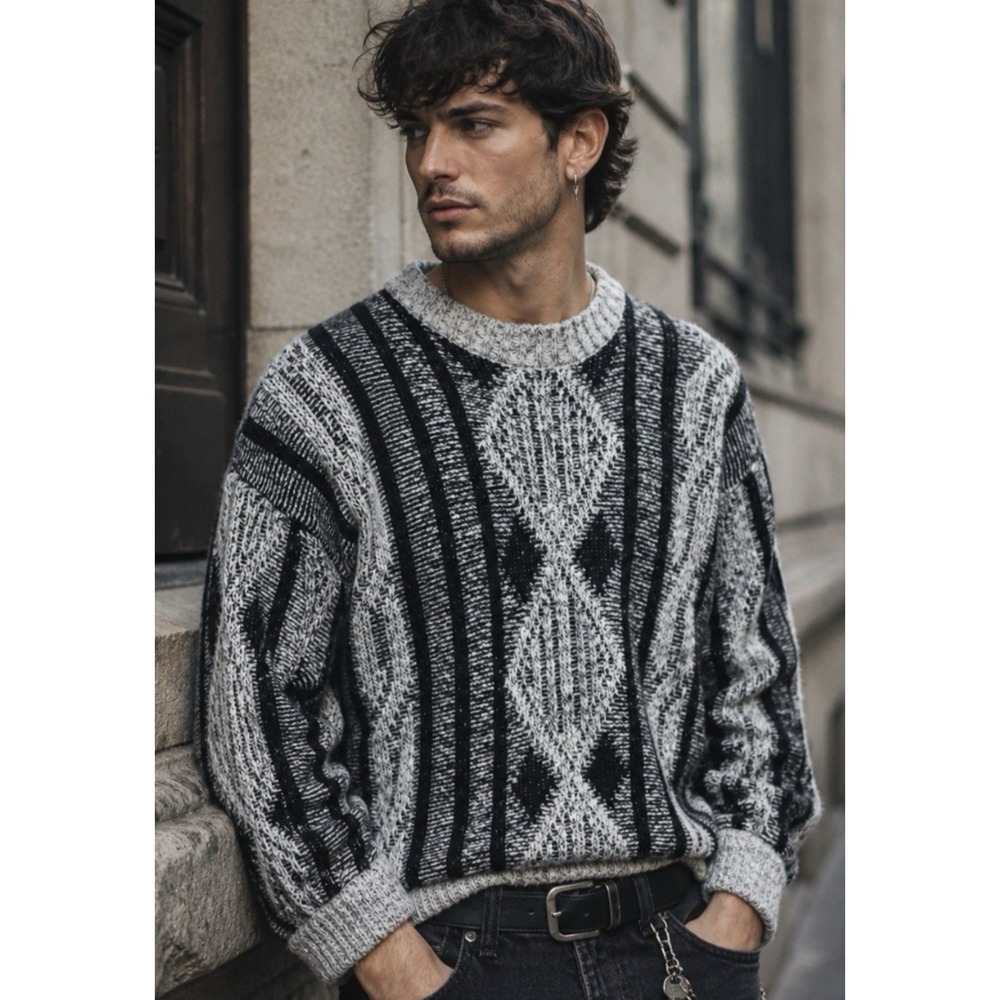 90s Vintage Method Mens 3D Chunky Cable Knit Sweater Size XL Cosby Geometric Y2K